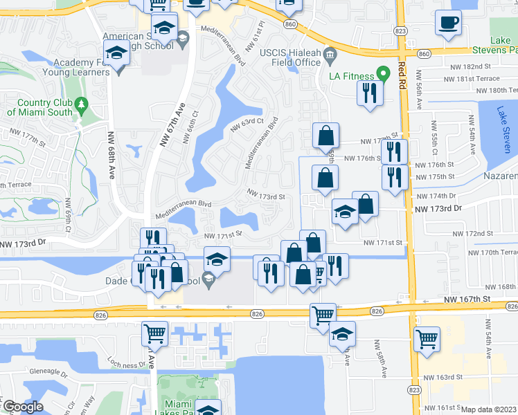 map of restaurants, bars, coffee shops, grocery stores, and more near 6240 Northwest 173rd Street in Hialeah
