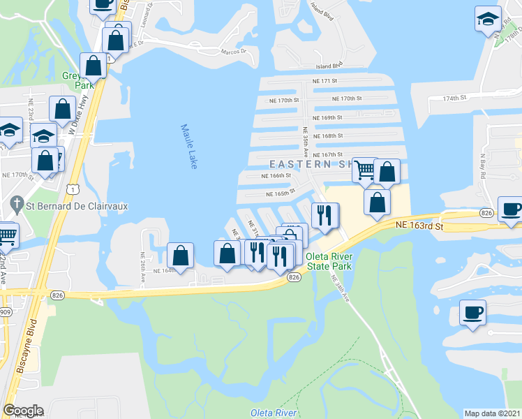 map of restaurants, bars, coffee shops, grocery stores, and more near 16496 Northeast 32nd Avenue in North Miami Beach