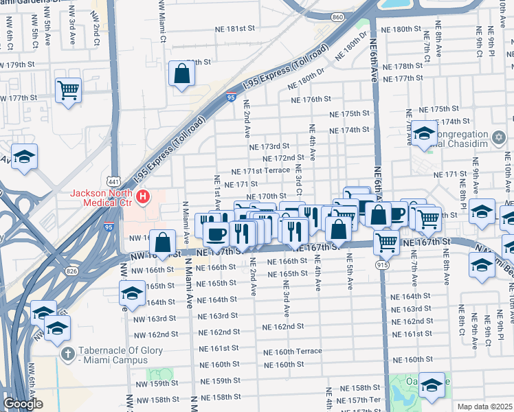 map of restaurants, bars, coffee shops, grocery stores, and more near 211 Northeast 169th Street in North Miami Beach