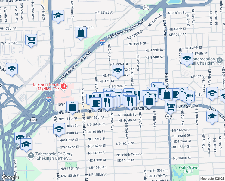 map of restaurants, bars, coffee shops, grocery stores, and more near 211 Northeast 169th Street in North Miami Beach