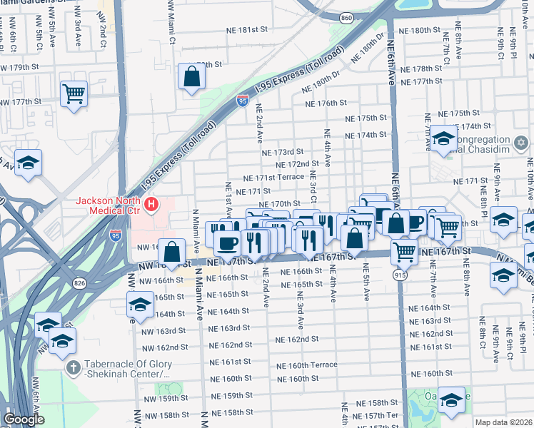 map of restaurants, bars, coffee shops, grocery stores, and more near 211 Northeast 169th Street in North Miami Beach