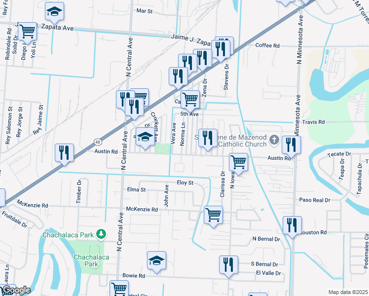 map of restaurants, bars, coffee shops, grocery stores, and more near 1115 Norma Lane in Brownsville