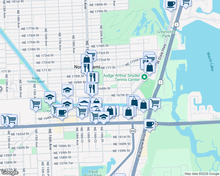 map of restaurants, bars, coffee shops, grocery stores, and more near 2070 Northeast 168th Street in North Miami Beach