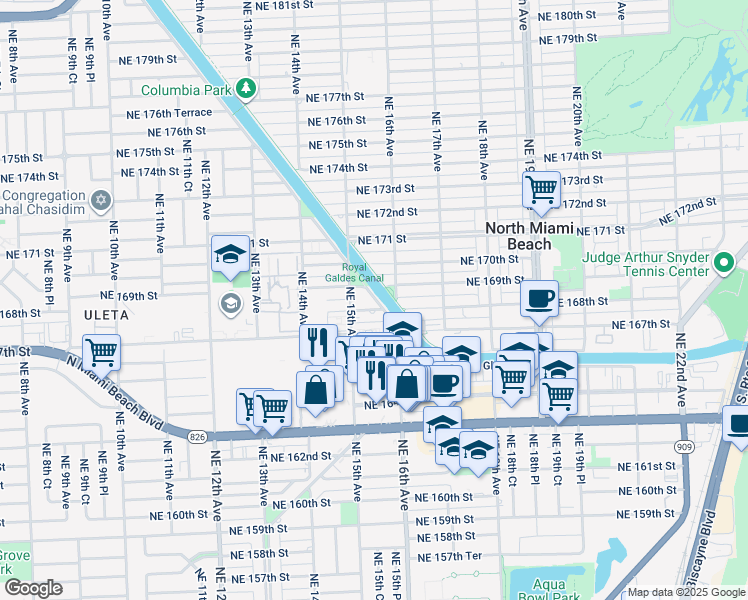 map of restaurants, bars, coffee shops, grocery stores, and more near 1500-1598 Northeast 168th Street in North Miami Beach