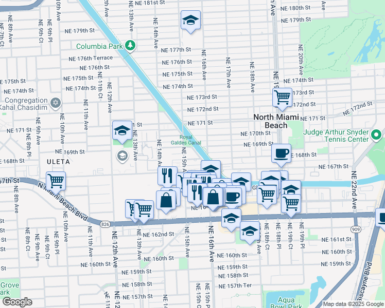 map of restaurants, bars, coffee shops, grocery stores, and more near 1500-1598 Northeast 168th Street in North Miami Beach