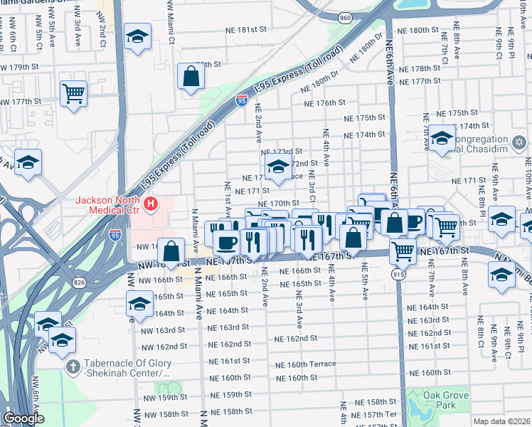 map of restaurants, bars, coffee shops, grocery stores, and more near 211 Northeast 169th Street in North Miami Beach