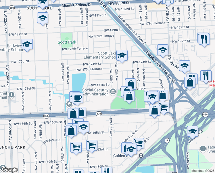 map of restaurants, bars, coffee shops, grocery stores, and more near 1241 Northwest 170th Terrace in Miami