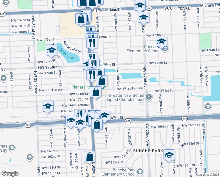 map of restaurants, bars, coffee shops, grocery stores, and more near 2486 Northwest 171st Terrace in Miami Gardens