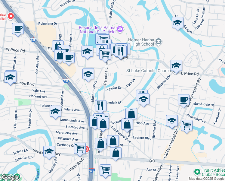 map of restaurants, bars, coffee shops, grocery stores, and more near 2304 Shidler Drive in Brownsville