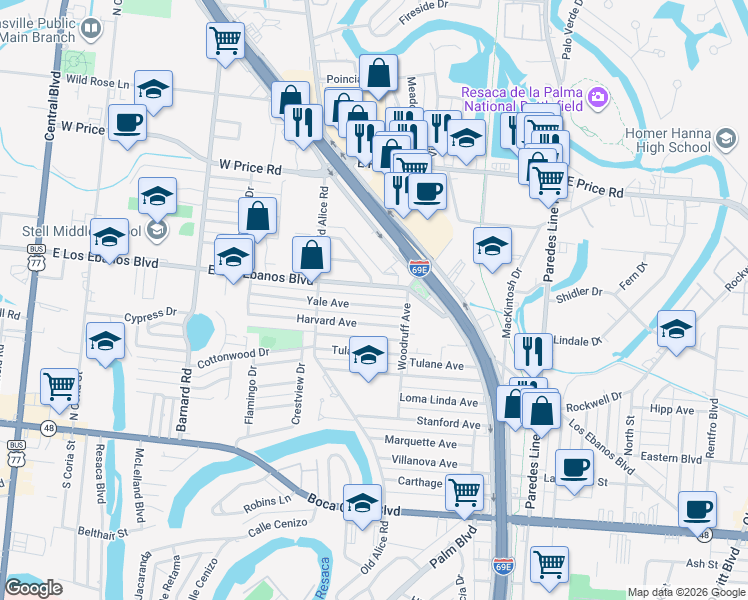map of restaurants, bars, coffee shops, grocery stores, and more near 1677 Yale Avenue in Brownsville