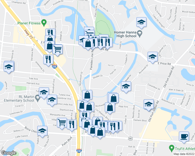 map of restaurants, bars, coffee shops, grocery stores, and more near 2304 Shidler Drive in Brownsville