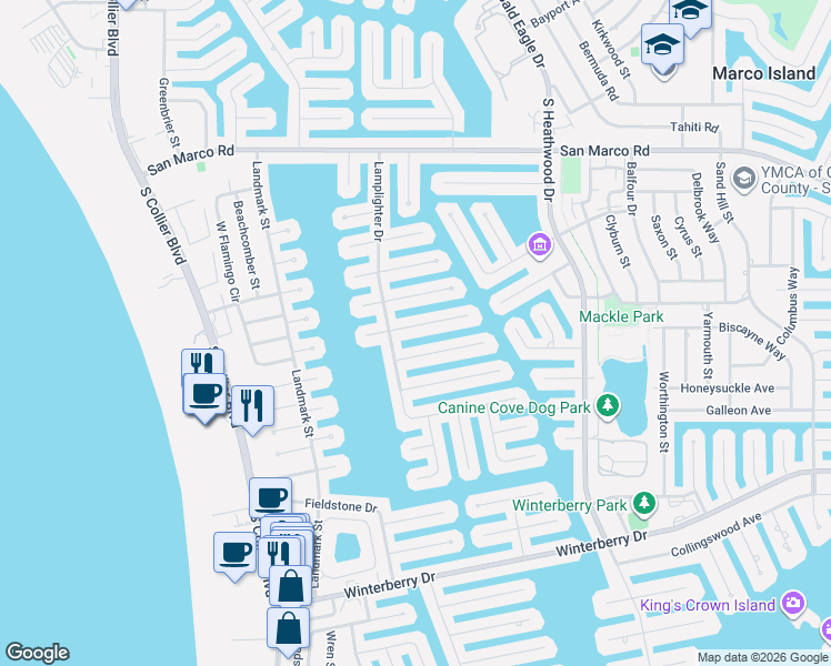 map of restaurants, bars, coffee shops, grocery stores, and more near 1109 Bond Court in Marco Island