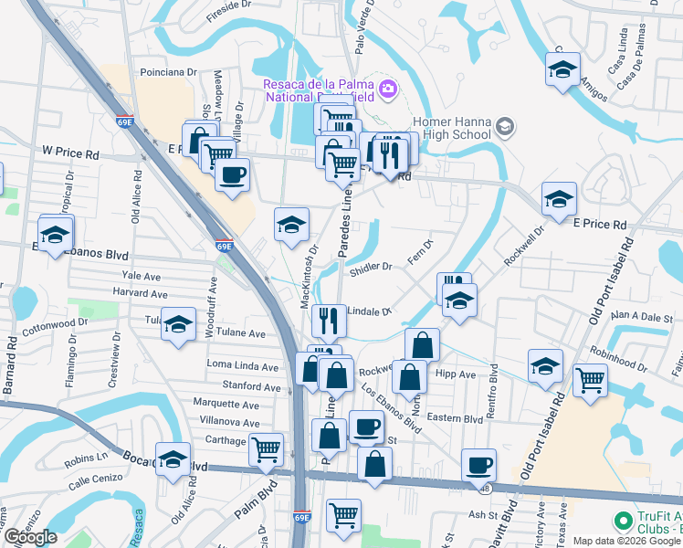 map of restaurants, bars, coffee shops, grocery stores, and more near 2179 Shidler Drive in Brownsville