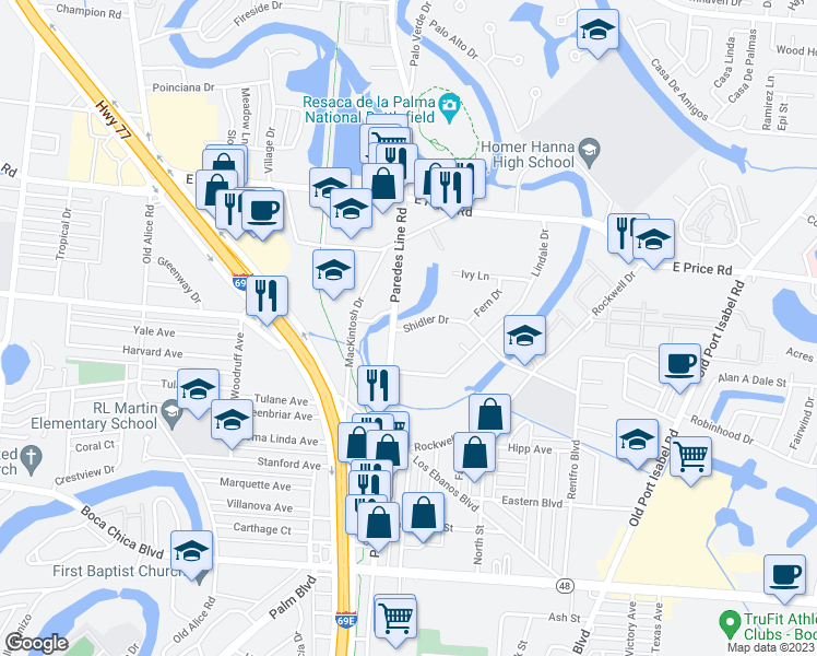 map of restaurants, bars, coffee shops, grocery stores, and more near 2304 Shidler Drive in Brownsville