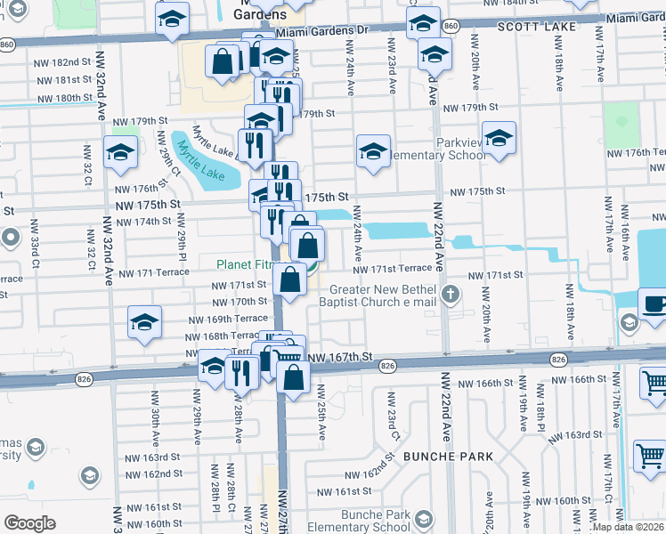 map of restaurants, bars, coffee shops, grocery stores, and more near 2486 Northwest 171st Terrace in Miami Gardens