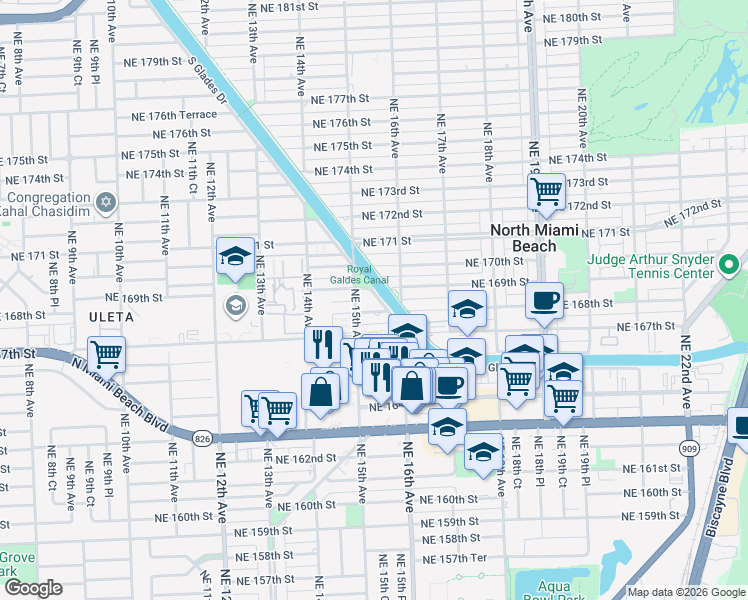 map of restaurants, bars, coffee shops, grocery stores, and more near 1500-1598 Northeast 168th Street in North Miami Beach
