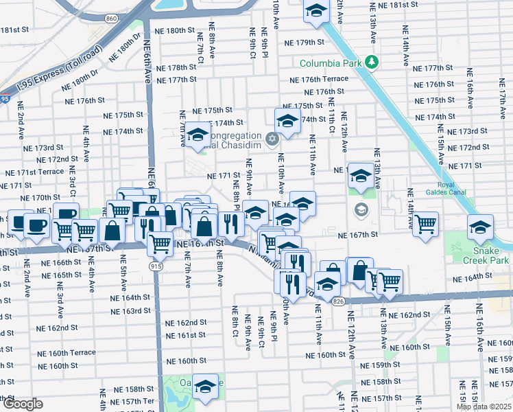 map of restaurants, bars, coffee shops, grocery stores, and more near 861 Northeast 168th Street in North Miami Beach