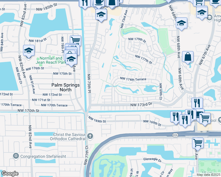 map of restaurants, bars, coffee shops, grocery stores, and more near 102 Northwest 174th Terrace in Hialeah