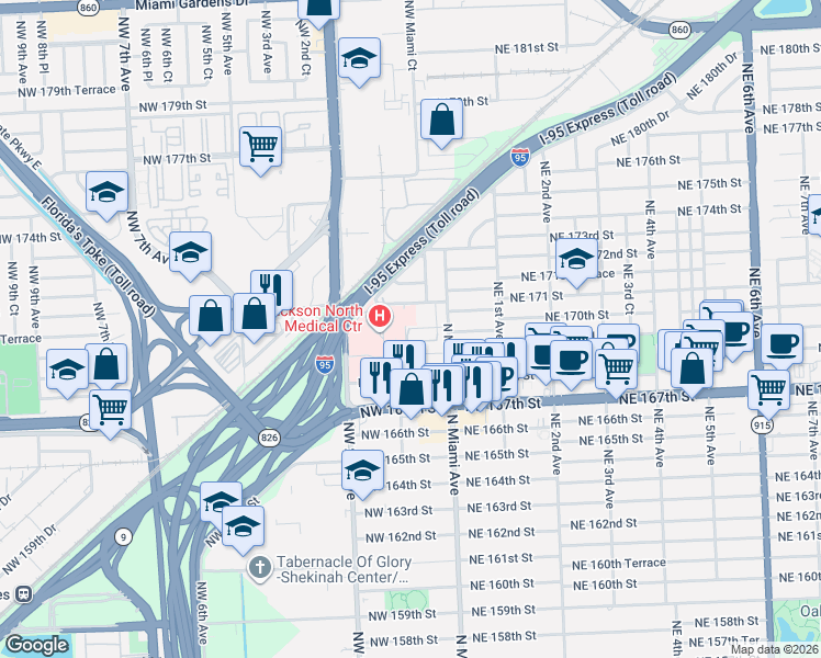 map of restaurants, bars, coffee shops, grocery stores, and more near 70 Northwest 170th Street in North Miami Beach