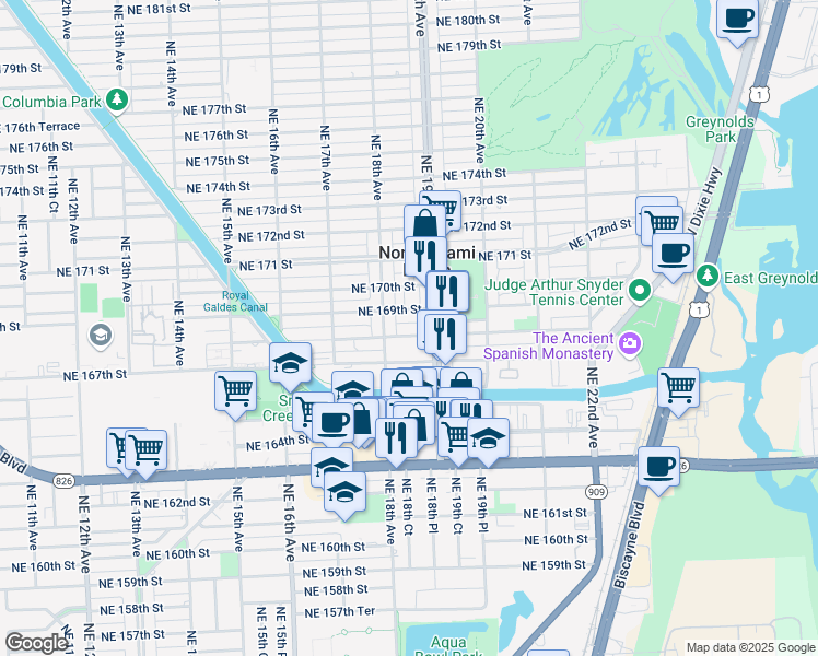 map of restaurants, bars, coffee shops, grocery stores, and more near 1875 Northeast 168th Street in North Miami Beach