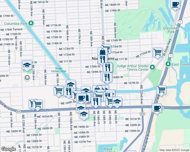 map of restaurants, bars, coffee shops, grocery stores, and more near 1793 Northeast 168th Street in North Miami Beach