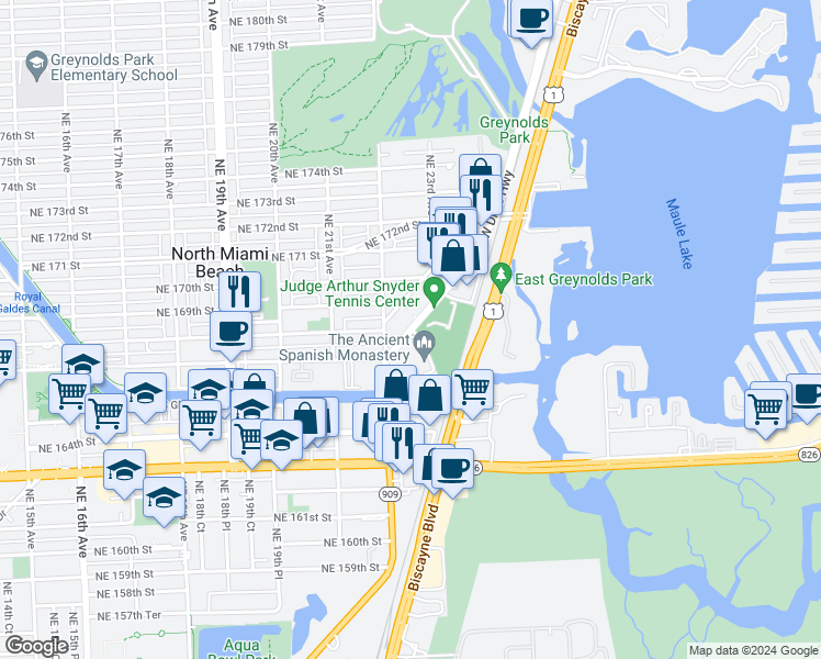 map of restaurants, bars, coffee shops, grocery stores, and more near 16789 Dixie Highway in North Miami Beach