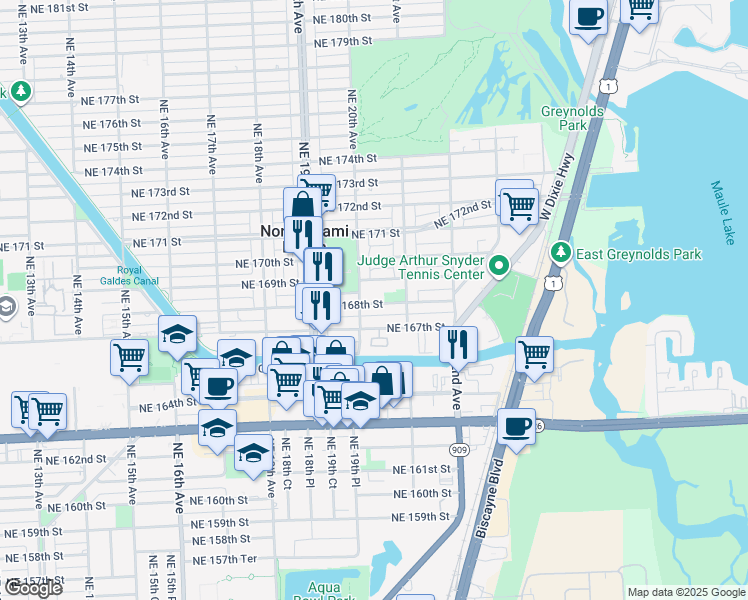 map of restaurants, bars, coffee shops, grocery stores, and more near 16791 Northeast 20th Avenue in North Miami Beach