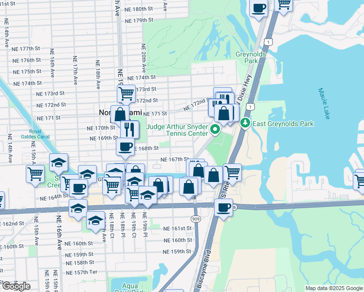map of restaurants, bars, coffee shops, grocery stores, and more near 2158 Northeast 168th Street in North Miami Beach