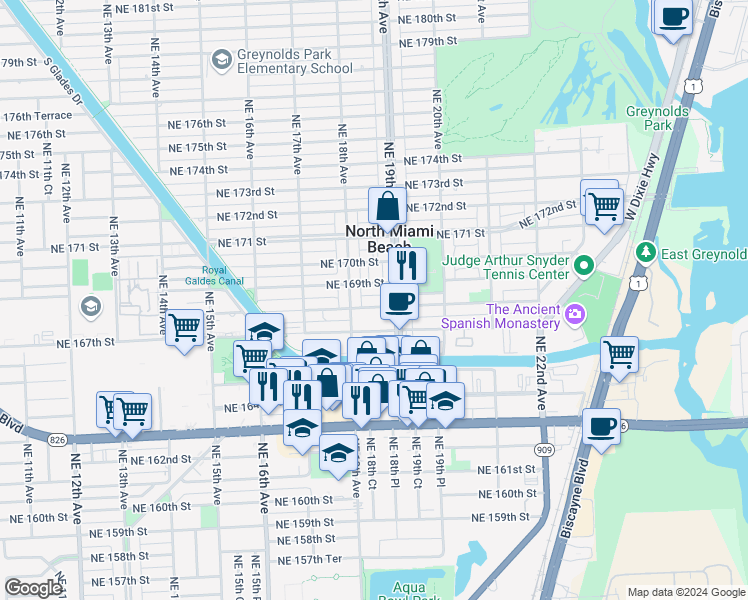 map of restaurants, bars, coffee shops, grocery stores, and more near 1875 Northeast 168th Street in North Miami Beach