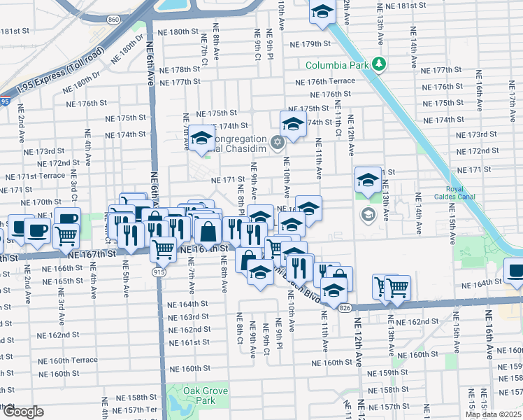 map of restaurants, bars, coffee shops, grocery stores, and more near 861 Northeast 168th Street in North Miami Beach