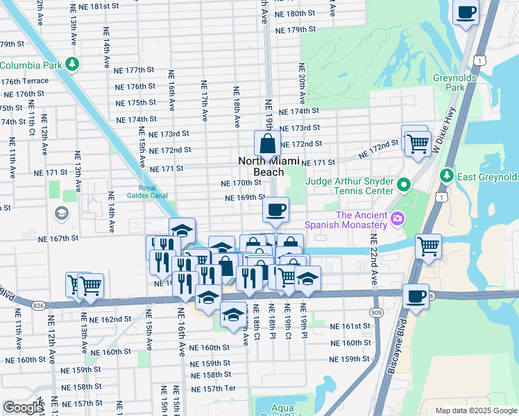 map of restaurants, bars, coffee shops, grocery stores, and more near 1875 Northeast 168th Street in North Miami Beach