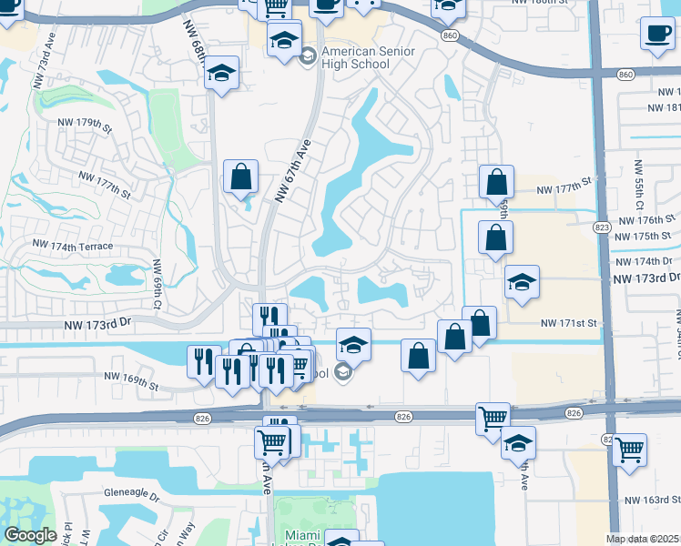 map of restaurants, bars, coffee shops, grocery stores, and more near 17201 Northwest 64th Avenue in Hialeah