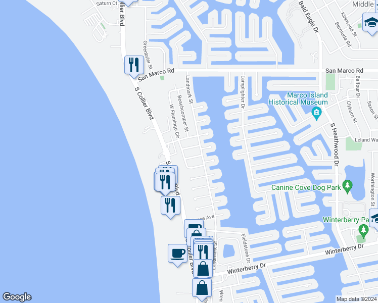 map of restaurants, bars, coffee shops, grocery stores, and more near 909 Arawak Avenue in Marco Island