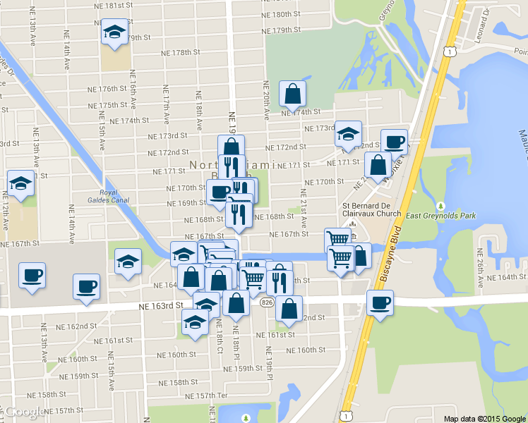 map of restaurants, bars, coffee shops, grocery stores, and more near 16791 Northeast 20th Avenue in North Miami Beach