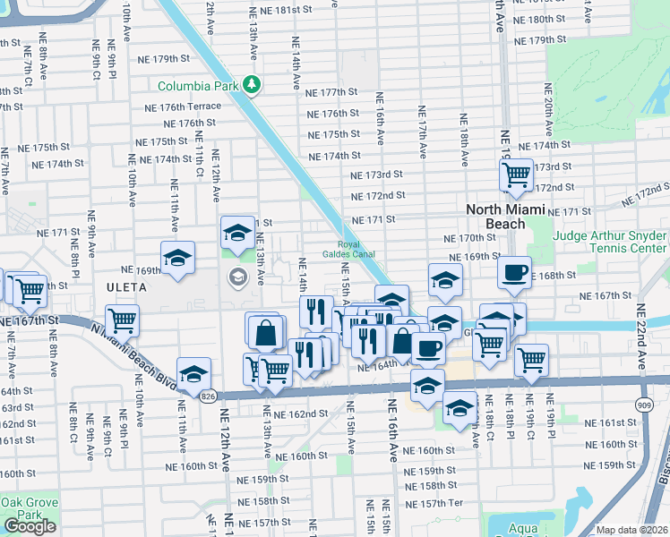 map of restaurants, bars, coffee shops, grocery stores, and more near 16800 Northeast 15th Avenue in North Miami Beach