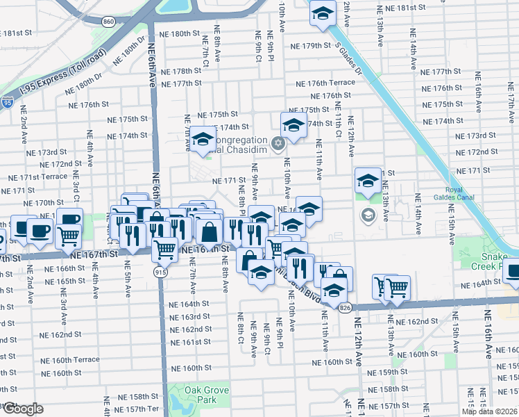 map of restaurants, bars, coffee shops, grocery stores, and more near 861 Northeast 168th Street in North Miami Beach