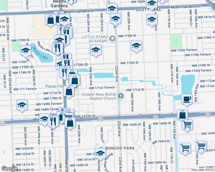 map of restaurants, bars, coffee shops, grocery stores, and more near 2260 Northwest 171st Terrace in Miami Gardens