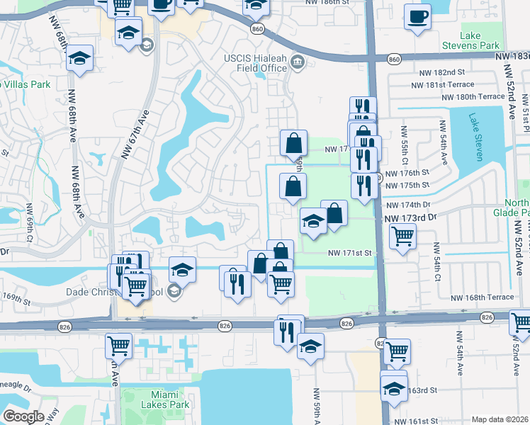map of restaurants, bars, coffee shops, grocery stores, and more near 17272 Northwest 60th Court in Hialeah