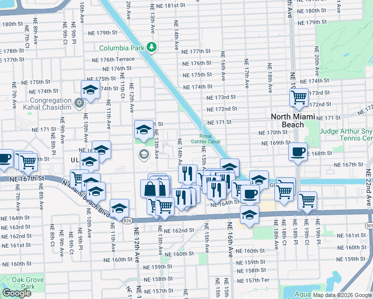 map of restaurants, bars, coffee shops, grocery stores, and more near 16801 Northeast 14th Avenue in Miami