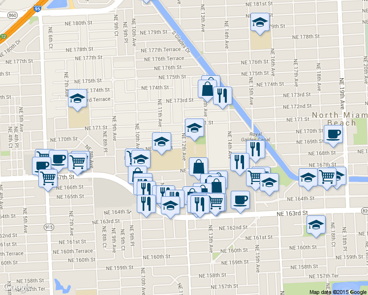 map of restaurants, bars, coffee shops, grocery stores, and more near 1198 Northeast 169th Street in Miami
