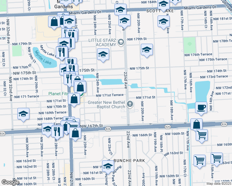 map of restaurants, bars, coffee shops, grocery stores, and more near 2260 Northwest 171st Terrace in Miami Gardens