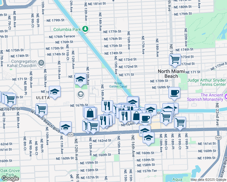 map of restaurants, bars, coffee shops, grocery stores, and more near 16800 Northeast 15th Avenue in North Miami Beach