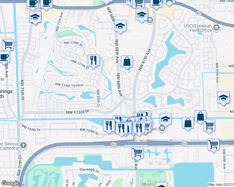 map of restaurants, bars, coffee shops, grocery stores, and more near 17300 Northwest 68th Avenue in Hialeah