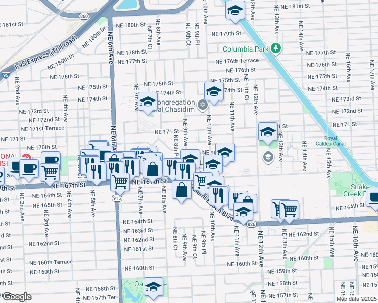 map of restaurants, bars, coffee shops, grocery stores, and more near 861 Northeast 168th Street in North Miami Beach