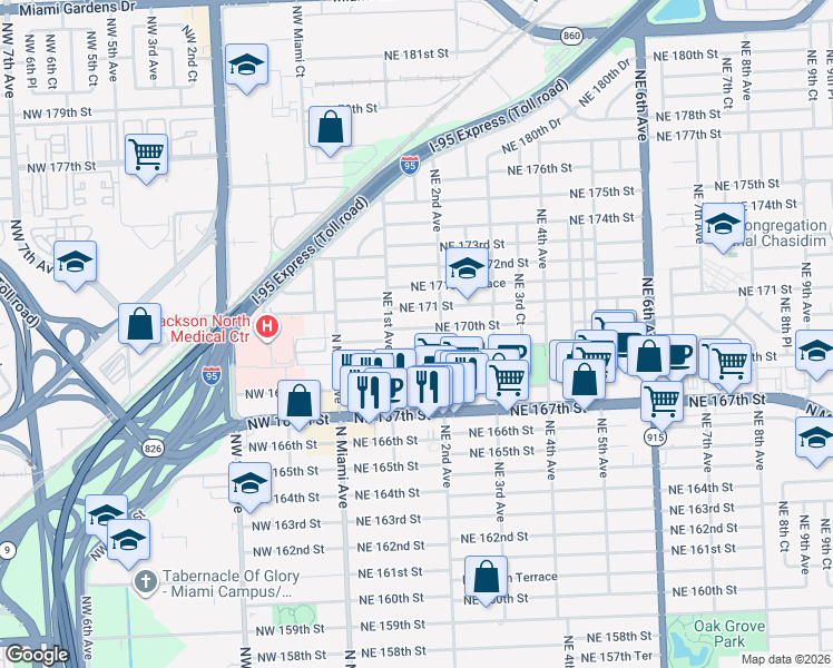 map of restaurants, bars, coffee shops, grocery stores, and more near 141 Northeast 169th Terrace in North Miami Beach