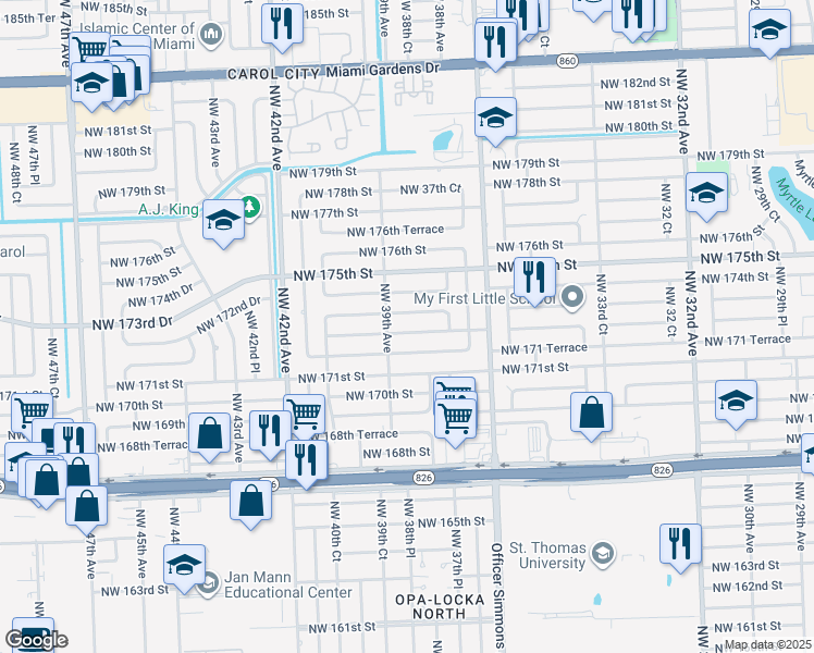 map of restaurants, bars, coffee shops, grocery stores, and more near 3851 Northwest 172nd Terrace in Opa-locka