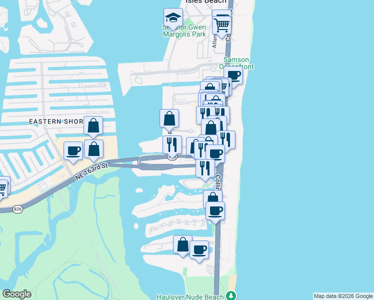 map of restaurants, bars, coffee shops, grocery stores, and more near in Sunny Isles Beach