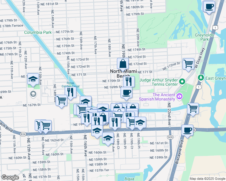 map of restaurants, bars, coffee shops, grocery stores, and more near 1793 Northeast 168th Street in North Miami Beach