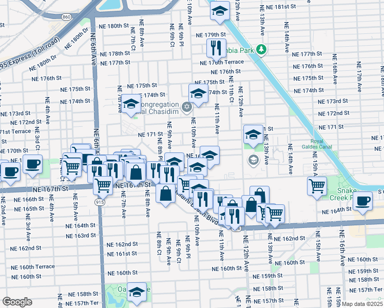 map of restaurants, bars, coffee shops, grocery stores, and more near in North Miami Beach