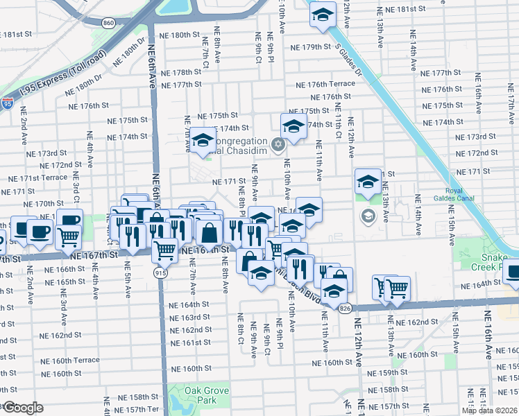 map of restaurants, bars, coffee shops, grocery stores, and more near 861 Northeast 168th Street in North Miami Beach